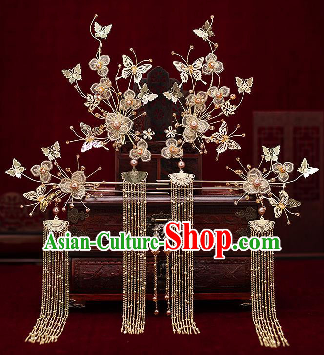 Chinese Traditional Bride Golden Hair Claws Handmade Hairpins Wedding Hair Accessories Complete Set for Women