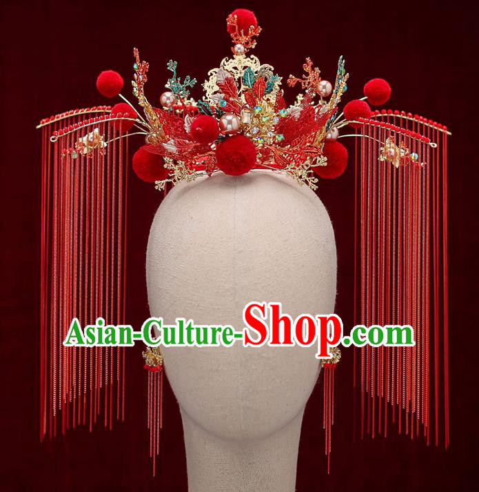 Chinese Traditional Red Phoenix Coronet Bride Handmade Tassel Hairpins Wedding Hair Accessories Complete Set for Women