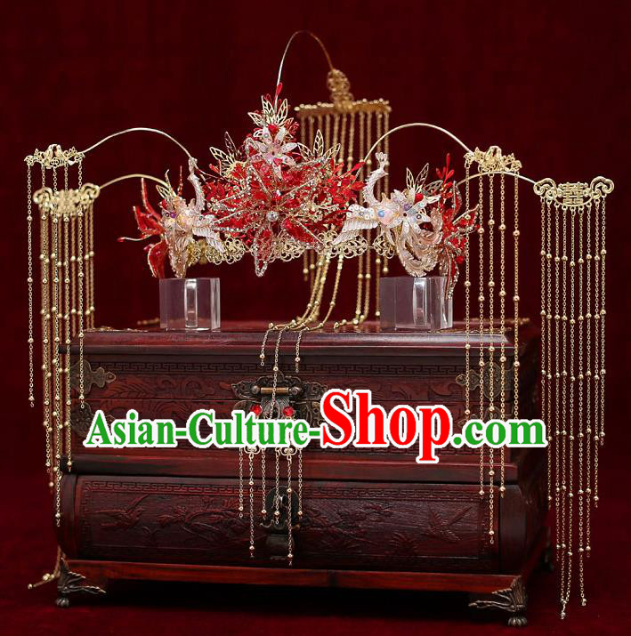 Chinese Traditional Red Star Phoenix Coronet Bride Handmade Tassel Hairpins Wedding Hair Accessories Complete Set for Women