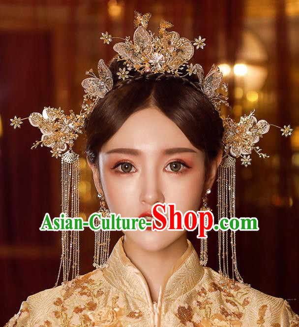 Chinese Traditional Silk Butterfly Hair Clasp Bride Handmade Tassel Hairpins Wedding Hair Accessories Complete Set for Women