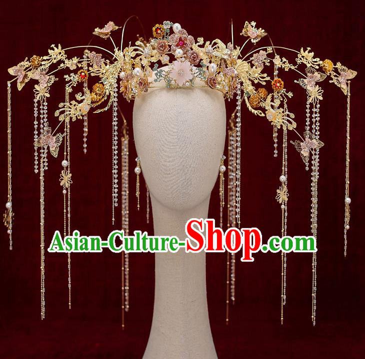Chinese Traditional Wedding Pink Butterfly Phoenix Coronet Bride Handmade Tassel Hairpins Hair Accessories Complete Set for Women