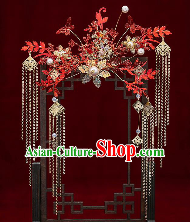 Chinese Traditional Red Leaf Phoenix Coronet Bride Handmade Hairpins Wedding Hair Accessories Complete Set for Women