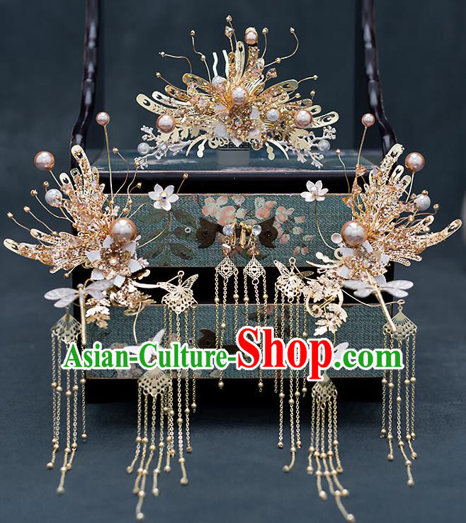 Chinese Traditional Bride Golden Hair Comb Handmade Hairpins Wedding Hair Accessories Complete Set for Women