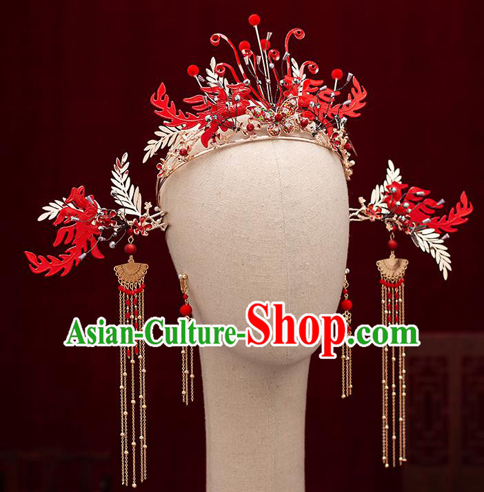 Chinese Traditional Bride Red Phoenix Coronet Handmade Hairpins Wedding Hair Accessories Complete Set for Women