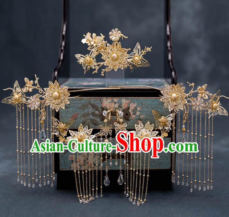 Top Chinese Traditional Wedding Golden Butterfly Hair Comb Bride Handmade Tassel Hairpins Hair Accessories Complete Set