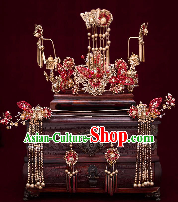 Top Chinese Traditional Wedding Red Phoenix Coronet Bride Handmade Tassel Hairpins Hair Accessories Complete Set