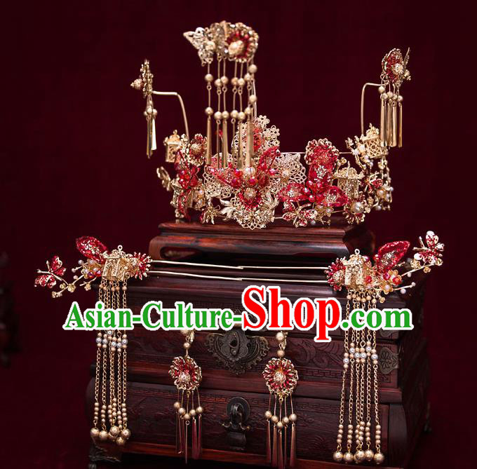 Top Chinese Traditional Wedding Red Phoenix Coronet Bride Handmade Tassel Hairpins Hair Accessories Complete Set