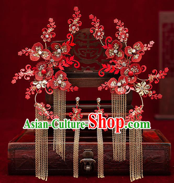 Top Chinese Traditional Wedding Red Flowers Hair Claws Bride Handmade Tassel Hairpins Hair Accessories Complete Set