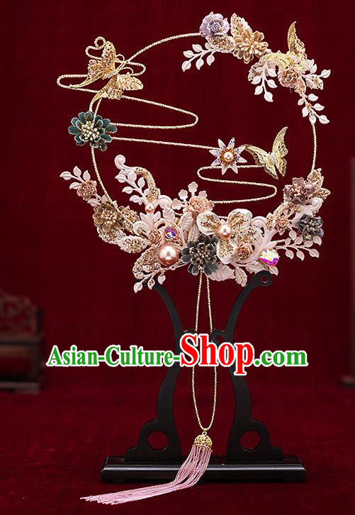 Chinese Traditional Wedding Butterfly Flowers Palace Fans Ancient Bride Prop Round Fan for Women