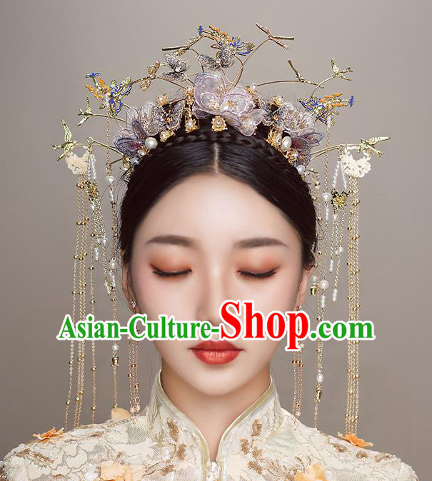 Top Chinese Traditional Wedding Lilac Flowers Hair Crown Bride Handmade Hairpins Hair Accessories Complete Set