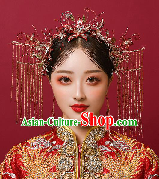 Top Chinese Traditional Wedding Red Star Tassel Hair Clasp Bride Handmade Hairpins Hair Accessories Complete Set