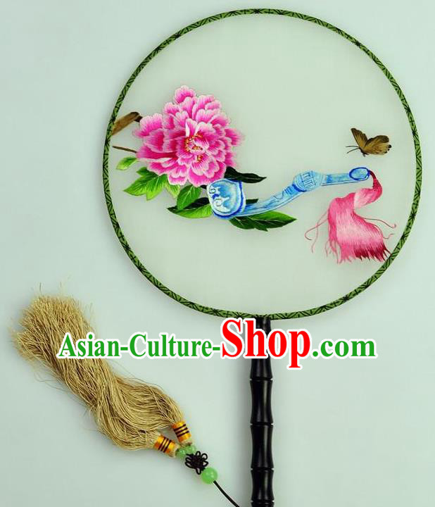 Chinese Traditional Embroidered Peony Silk Fans Craft Handmade Su Embroidery Palace Fan Round Fan