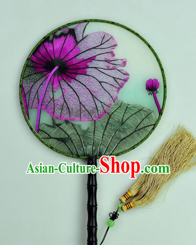 Chinese Traditional Embroidered Lotus Leaf Silk Fans Craft Handmade Su Embroidery Palace Fan Round Fan