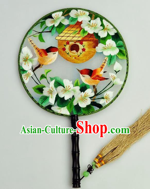Chinese Traditional Embroidered Flowers Bird Silk Fans Craft Handmade Su Embroidery Palace Fan Round Fan