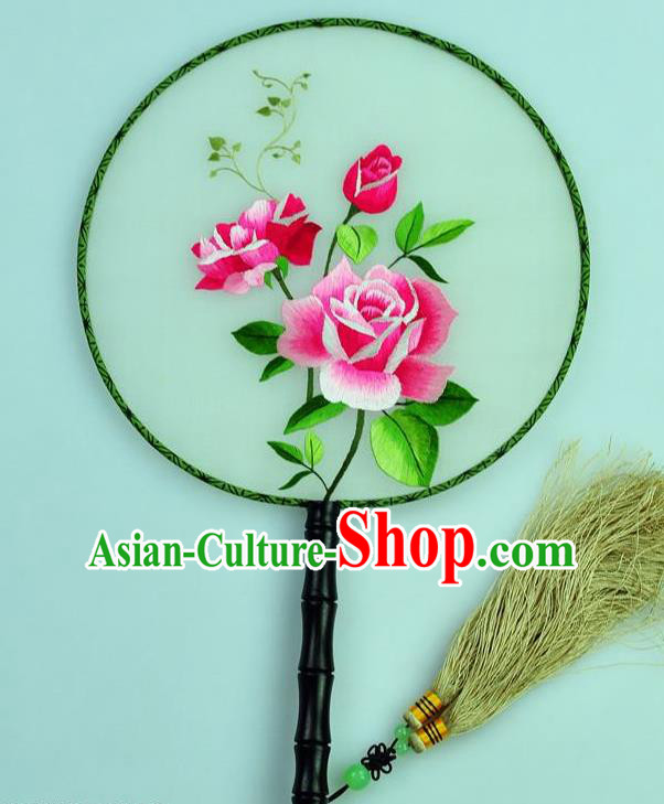 Chinese Traditional Embroidered Roses Silk Fans Craft Handmade Su Embroidery Palace Fan Round Fan
