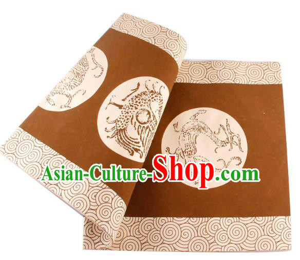 Traditional Chinese Classical Dragon Phoenix Pattern Scroll Calligraphy Paper Handmade Seven Characters Couplet Brown Xuan Paper Craft