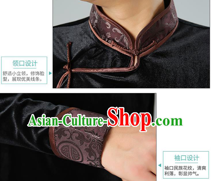 Chinese Mongolian Nationality Upper Outer Garment Traditional Mongol Ethnic Minority Costume Black Pleuche Shirt for Men