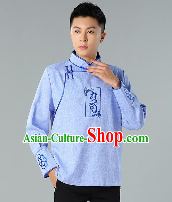 Chinese Mongolian Nationality Light Blue Linen Upper Outer Garment Traditional Mongol Ethnic Minority Shirt Costume for Men