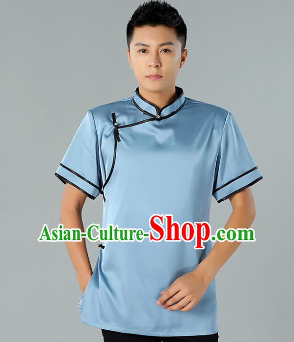 Chinese Mongol Nationality Minority Summer Blue Shirt Traditional Ethnic Upper Outer Garment Informal Costume for Men