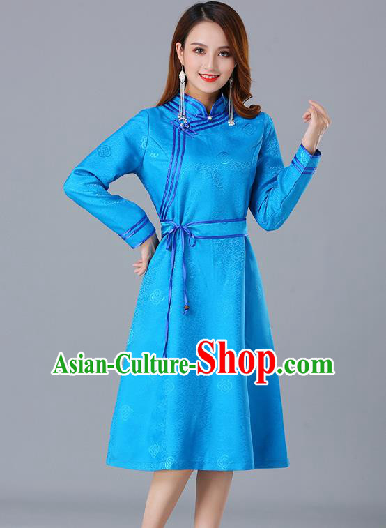Chinese Traditional Mongol Ethnic Blue Brocade Dress Costume Mongolian Minority Woman Informal Garment