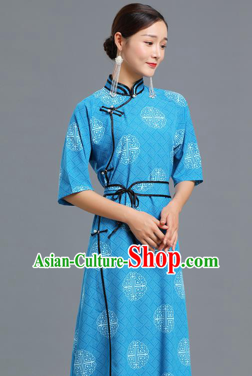 Traditional Chinese Ethnic Informal Costume Woman Apparels Mongol Minority Garment Mongolian Nationality Blue Dress