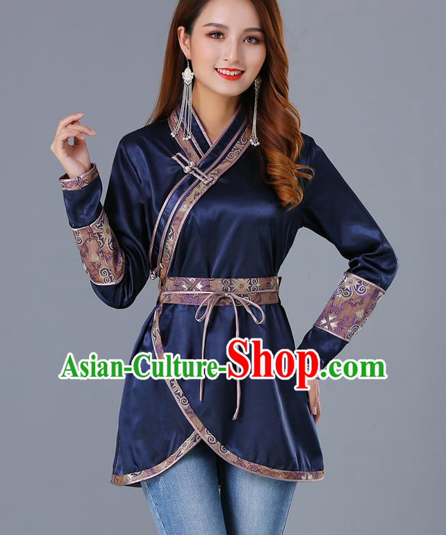 Traditional Chinese Ethnic Woman Navy Blouse Apparels Mongol Minority Upper Outer Garment Mongolian Nationality Informal Costume