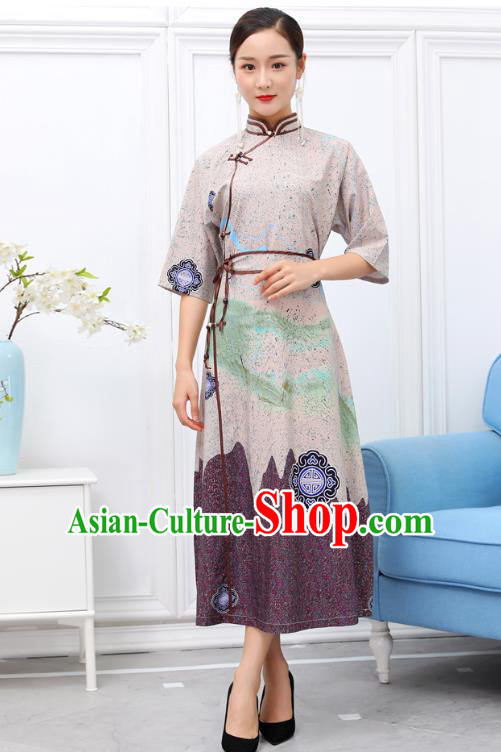 Traditional Chinese Ethnic Beige Chiffon Dress Mongol Minority Garment Costume Mongolian Nationality Informal Apparels for Woman