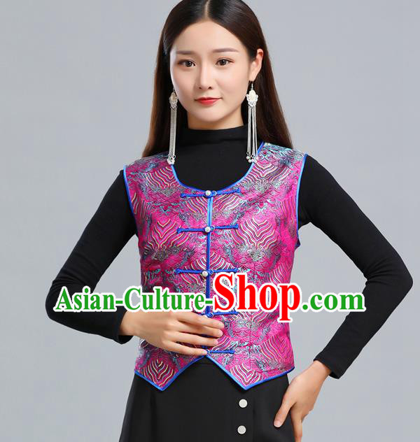 Traditional Chinese Tang Suit Rosy Brocade Vest Mongol Ethnic Minority Garment Mongolian Nationality Waistcoat Apparels Costume for Woman