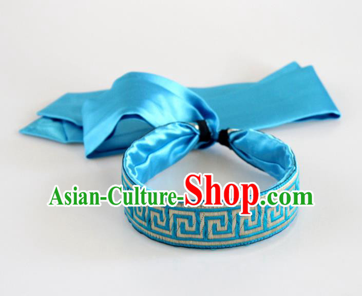 Traditional Chinese Ethnic Dance Blue Silk Ribbon Hair Clasp Mongol Minority Headband Mongolian Hair Accessories