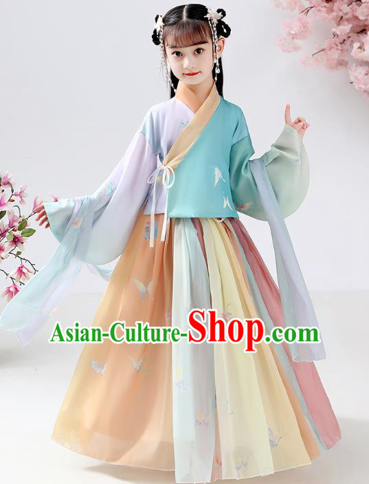 Chinese Ancient Children Butterfly Costumes Traditional Hanfu Ming Dynasty Girls Printing Blouse and Skirt for Kids
