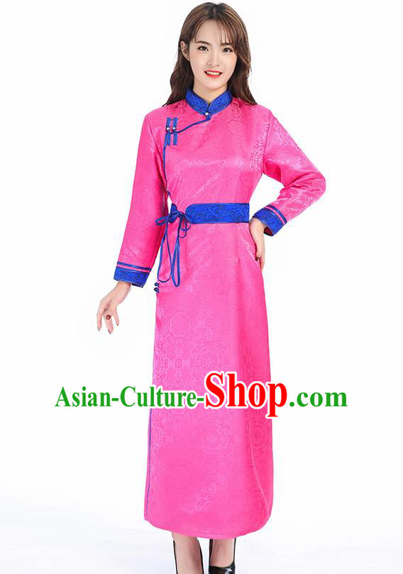 Traditional Chinese Mongol Minority Pink Brocade Mongolian Robe Apparels Ethnic Costume Mongolian Nationality Women Garment Dress