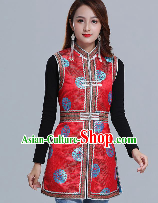 Traditional Chinese Ethnic Women Red Brocade Vest Apparels Mongol Minority Garment Nationality Folk Dance Costume