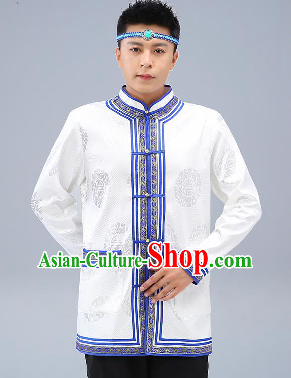 Chinese Traditional Mongolian Men White Brocade Shirt Mongol Minority Costume Ethnic Dance Upper Outer Garment
