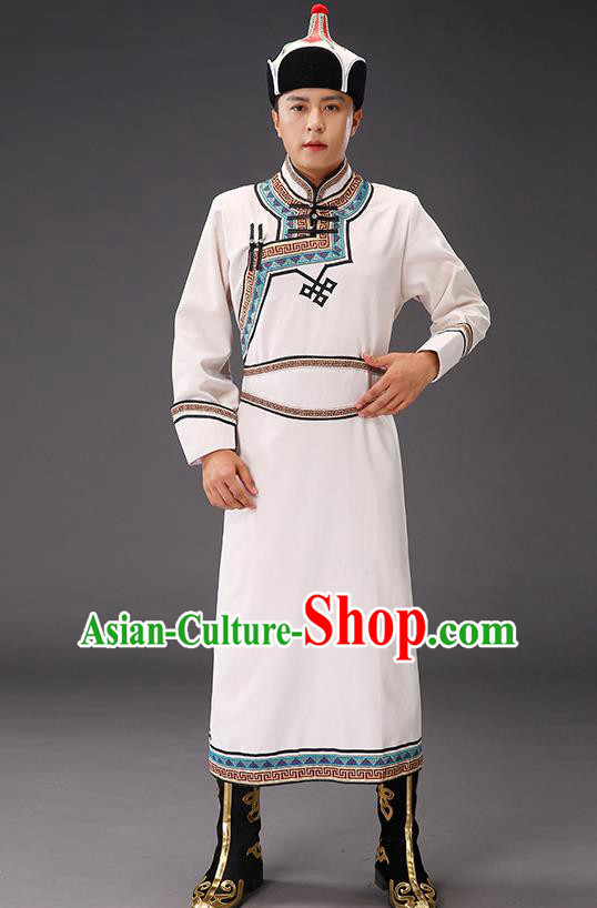Chinese Traditional Beige Suede Fabric Mongolian Robe Costume Mongol Minority Ethnic Men Stage Performance Garment