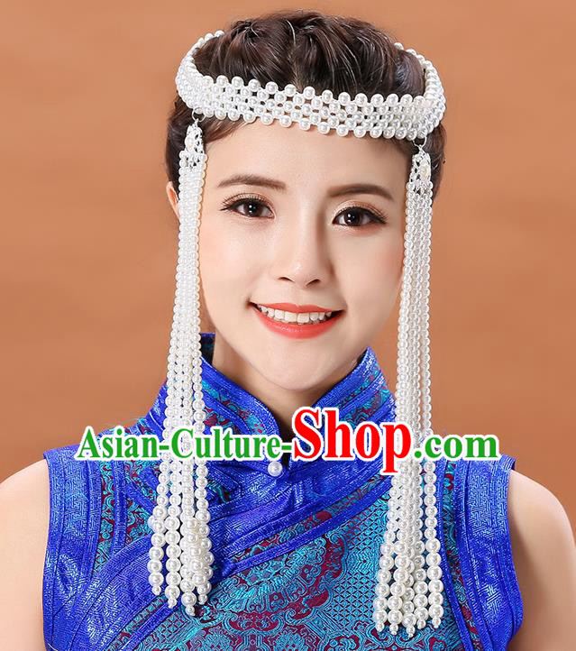 Traditional Chinese Mongol Minority White Beads Long Tassel Headband Mongolian Hair Accessories Ethnic Dance Hair Clasp for Women