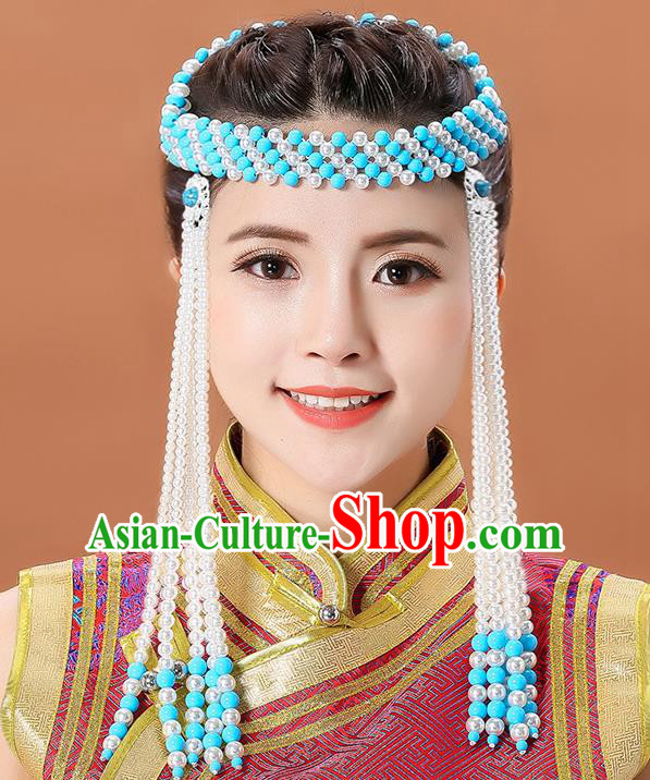 Traditional Chinese Mongol Minority Beads Headband Mongolian Hair Accessories Ethnic Dance Long Tassel Hair Clasp for Women