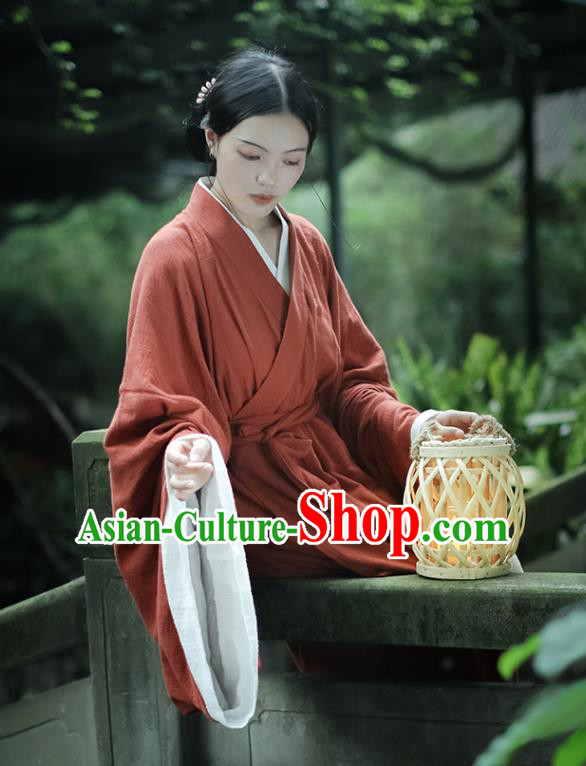 Chinese Traditional Ancient Palace Woman Garment Jin Dynasty Imperial Consort Red Flax Dress Hanfu Costumes