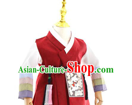 Asian Korea Traditional Embroidered Wine Red Shirt and Pants Children Birthday Fashion Korean Apparels Hanbok Costumes for Kids