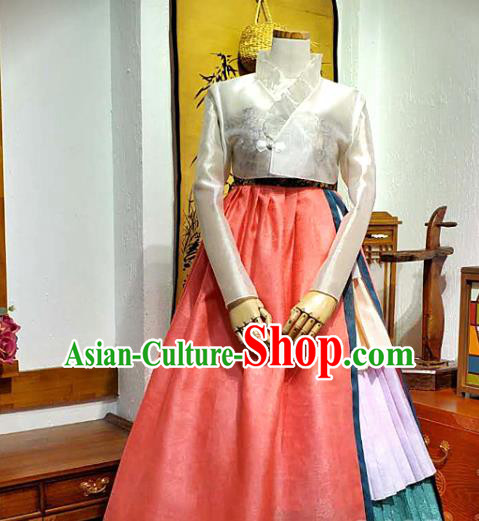 Korean Traditional Wedding White Brocade Blouse and Pink Dress Korea Fashion Bride Costumes Hanbok Apparels for Women