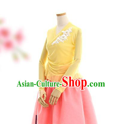 Korean Traditional Yellow Veil Blouse and Pink Skirt Korea Fashion National Dance Costumes Hanbok Apparels
