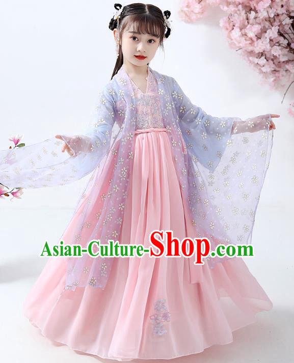 Chinese Traditional Ming Dynasty Girl Hanfu Dress Ancient Princess Costumes Stage Show Apparels Blue Cape Blouse and Pink Skirt for Kids