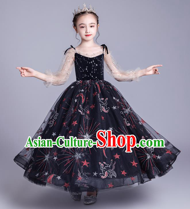 Professional Stage Show Princess Black Chiffon Dress Girls Birthday Costume Children Top Grade Compere Full Dress