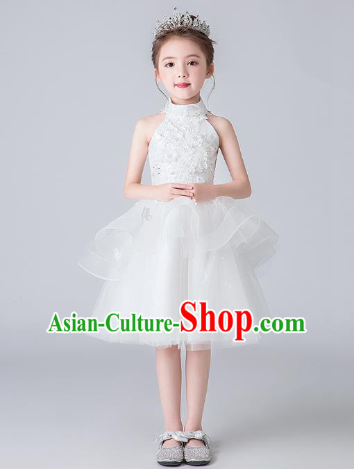 Professional Stage Show White Veil Bubble Dress Girls Birthday Costume Children Top Grade Compere Short Full Dress