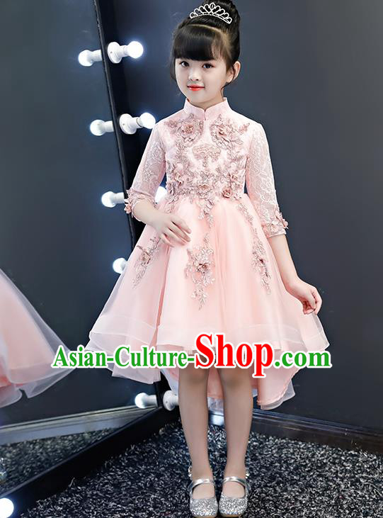 Top Grade Birthday Pink Lace Bubble Full Dress Children Compere Costume Stage Show Girls Catwalks Short Dress