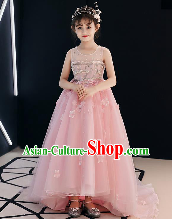 Top Grade Birthday Pink Veil Full Dress Children Compere Costume Stage Show Girls Catwalks Embroidered Beads Dress