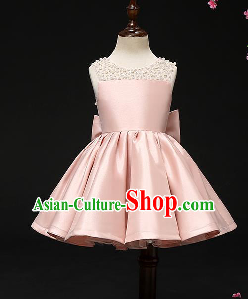 Top Grade Catwalks Pink Satin Full Dress Children Birthday Costume Stage Show Girls Compere Short Dress