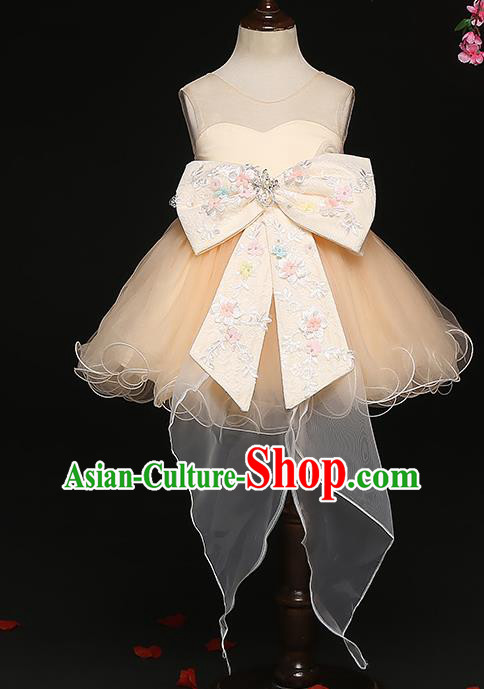 Top Grade Catwalks Apricot Bowknot Full Dress Children Birthday Costume Stage Show Girls Compere Short Veil Bubble Dress