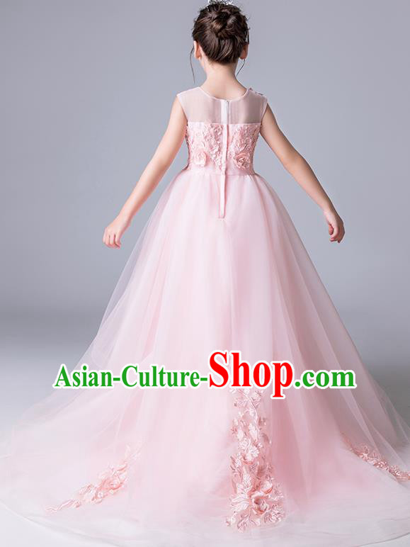 Top Grade Catwalks Pink Veil Full Dress Children Birthday Costume Stage Show Girls Compere Butterfly Flowers Dress
