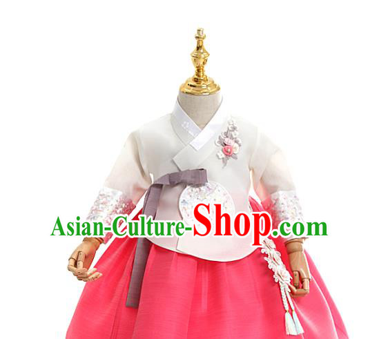 Asian Korea Traditional Embroidered White Blouse and Pink Dress Children Birthday Fashion Korean Apparels Girls Hanbok Costumes