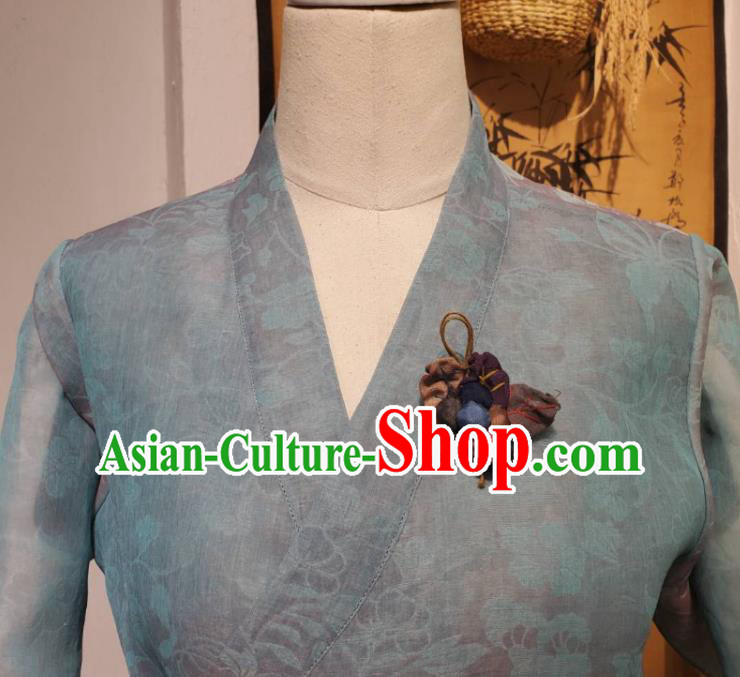 Korean Women Traditional Blue Blouse and Apricot Dress Asian Korea National Fashion Costumes Hanbok Informal Apparels